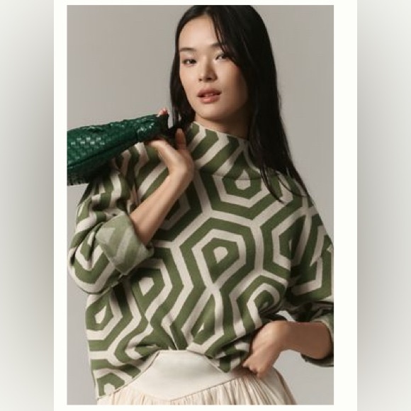 Maeve Sweaters - Maeve Olive and Cream Geometric Turtleneck Sweater